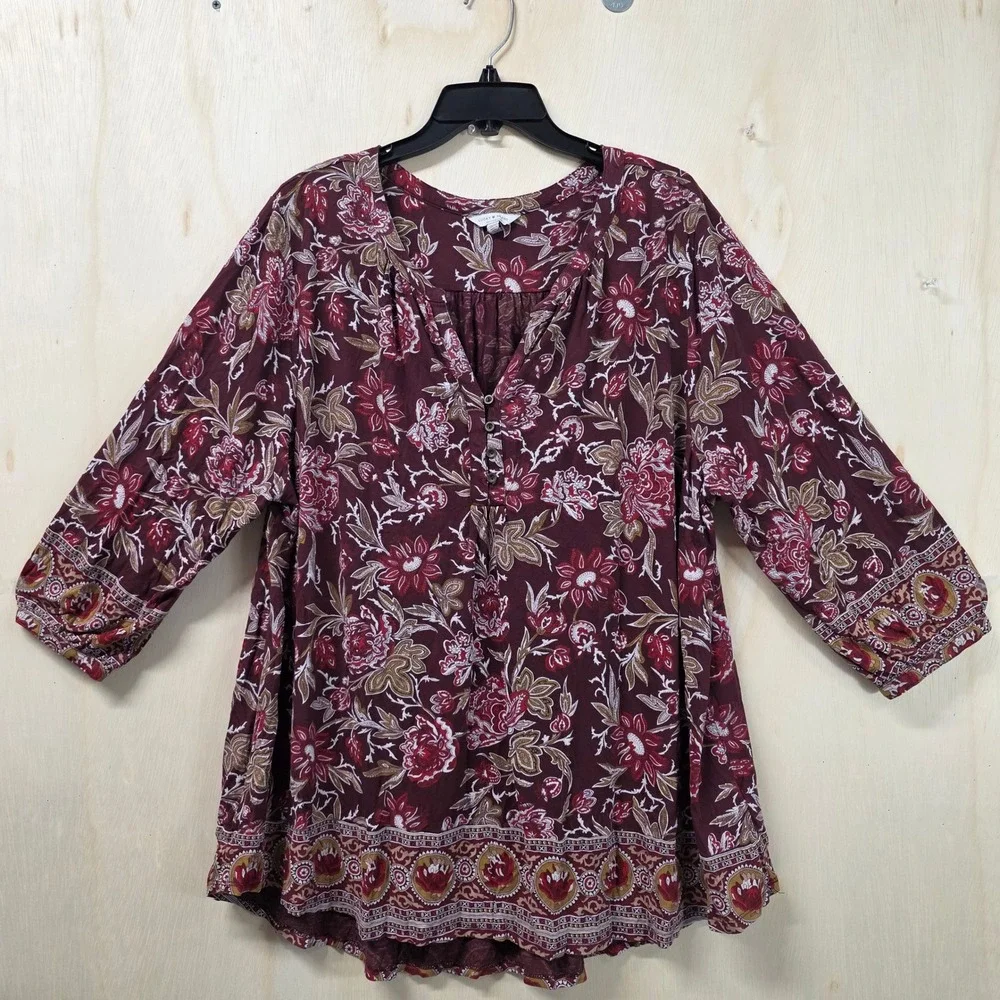 Lucky Brand Womens 3X Burgundy Floral Paisley 3/4 Sleeve Boho Tunic Blouse
